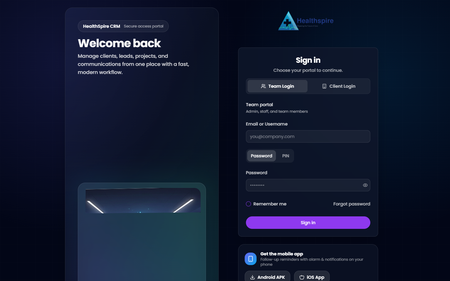HealthSpire CRM — live product screenshot